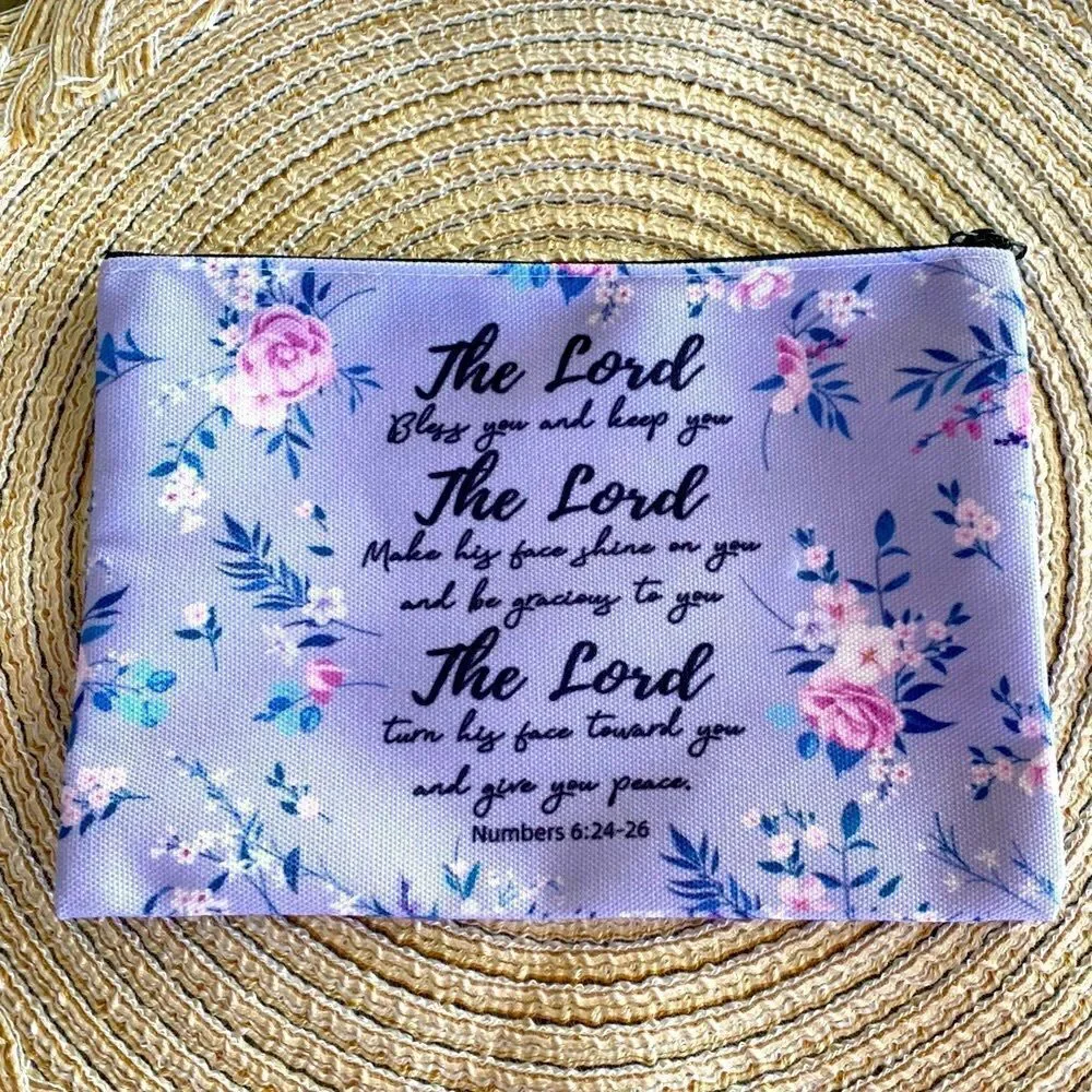 Unbranded Floral Lavendar Bible Verse Cosmetic Pouch. Numbers 6:24-26. NWOT.